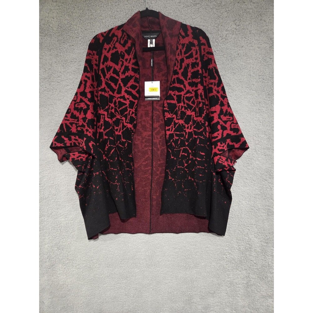 Ming Wang Open Front Duster Cardigan S/M Red Black Abstract Knits Shoulder Pads